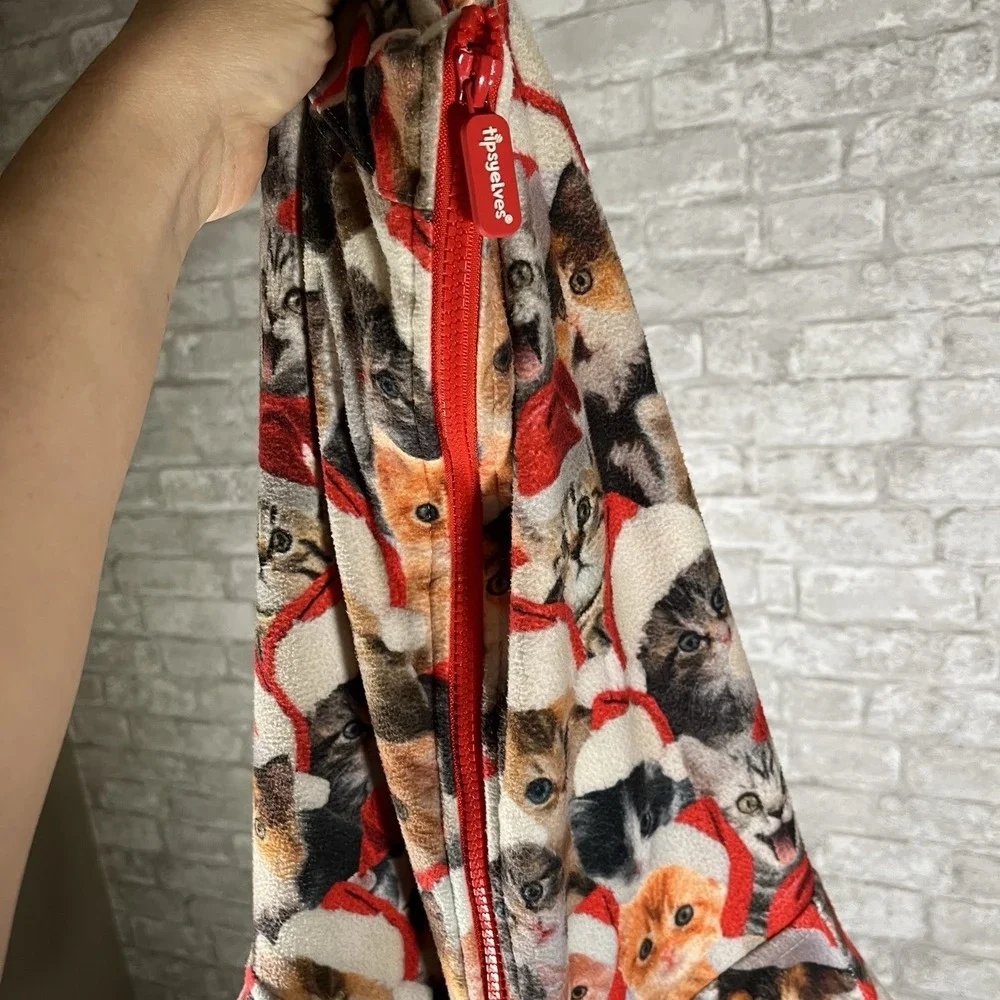 Tipsy Elves Meowy Catmus Jumpsuit Mens Medium Unisex All Over Print Cats Hooded